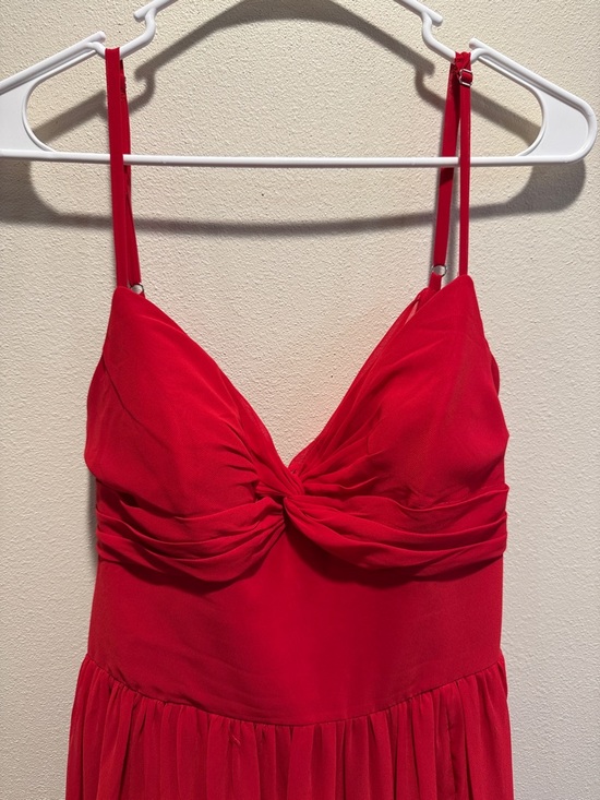 Unaltered Azazie Zeya A14 in Scarlet Spaghetti Strap Bridesmaid Maxi Dress - Picture 4 of 16